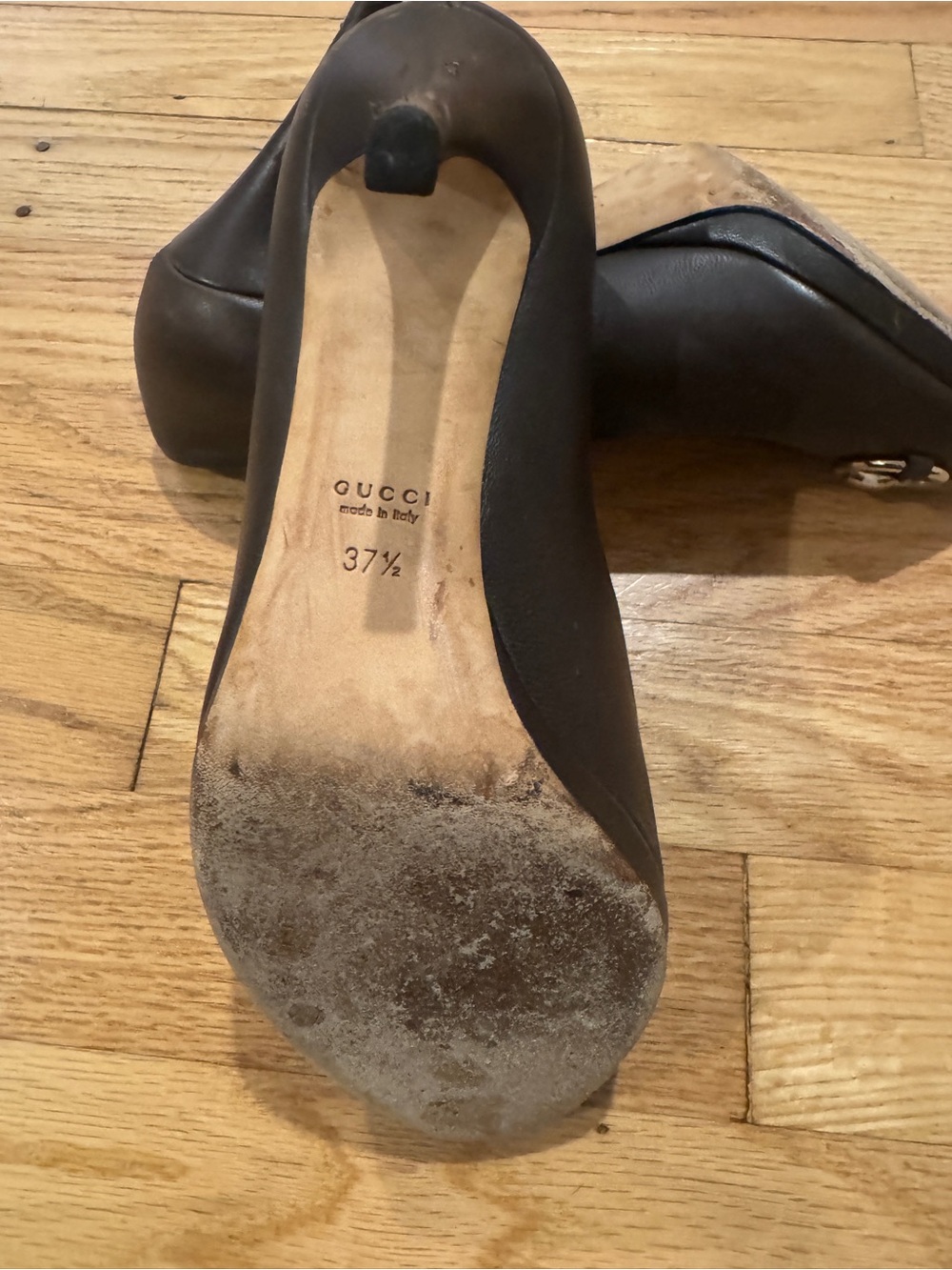 Gucci Dark Brown Leather Horsebit Peep Toe Pumps Heels Size 37.5 / US 7.5 - Picture 8 of 9